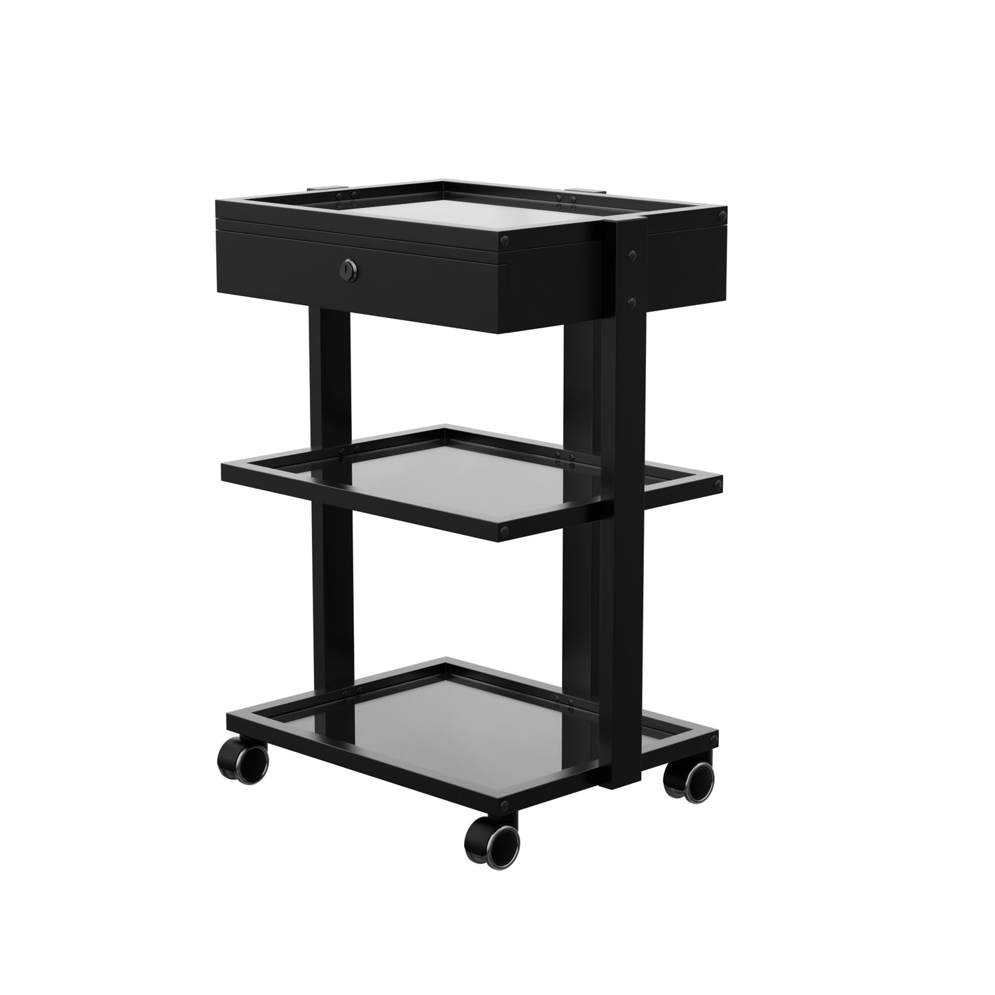 Spa Numa ABEL DELUXE Beauty Trolley with Locking Drawer and 3 Black Tempered Glass Shelves – Mobile Spa Cart for Salons with Caster Wheels and Magnifying Lamp Holder