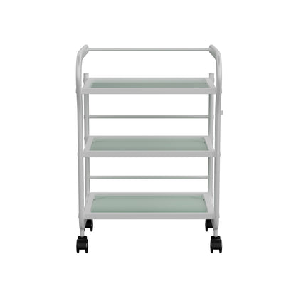 Spa Numa ARCUS White Beauty Trolley with 3 Tempered Glass Shelves – Minimalist Spa and Salon Cart with Safety Rails and Caster Wheels