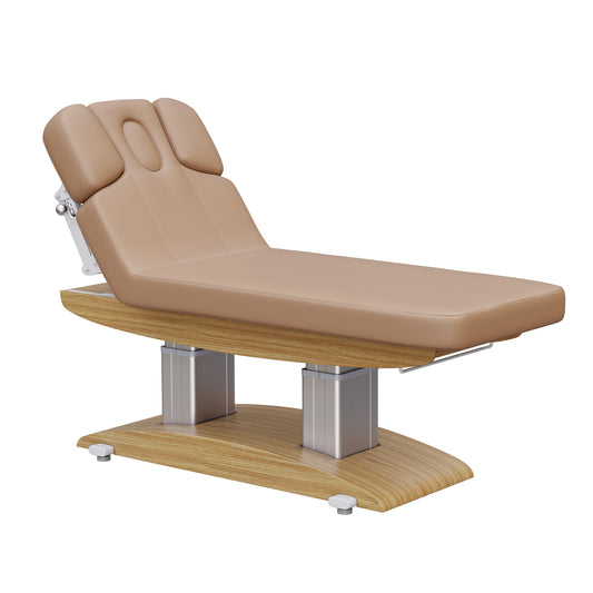 Spa Numa BLISS 4 motor electric massage and treatment bed with wood base, adjustable armrests and headrest with breathing hole, polyurethane upholstery, and Trendelenburg function—ideal for luxury spa and wellness treatments.