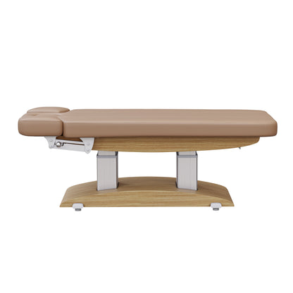 Spa Numa BLISS 4 motor electric massage and treatment bed with wood base, adjustable armrests and headrest with breathing hole, polyurethane upholstery, and Trendelenburg function—ideal for luxury spa and wellness treatments.
