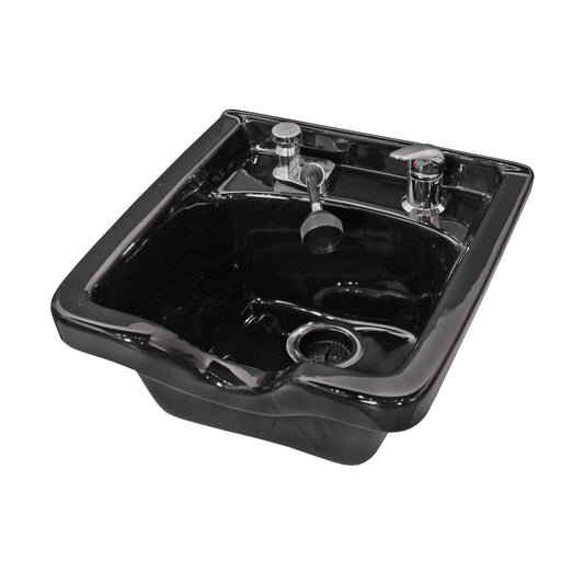 Black salon sink with faucet on a white background.