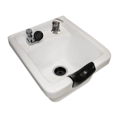 White sink with black handle on a white background