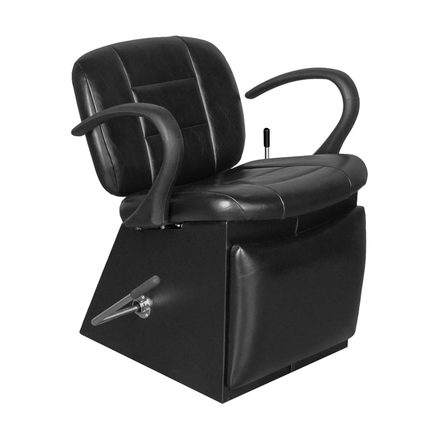 A professional black shampoo chair with leg rest and curved urethane arms.