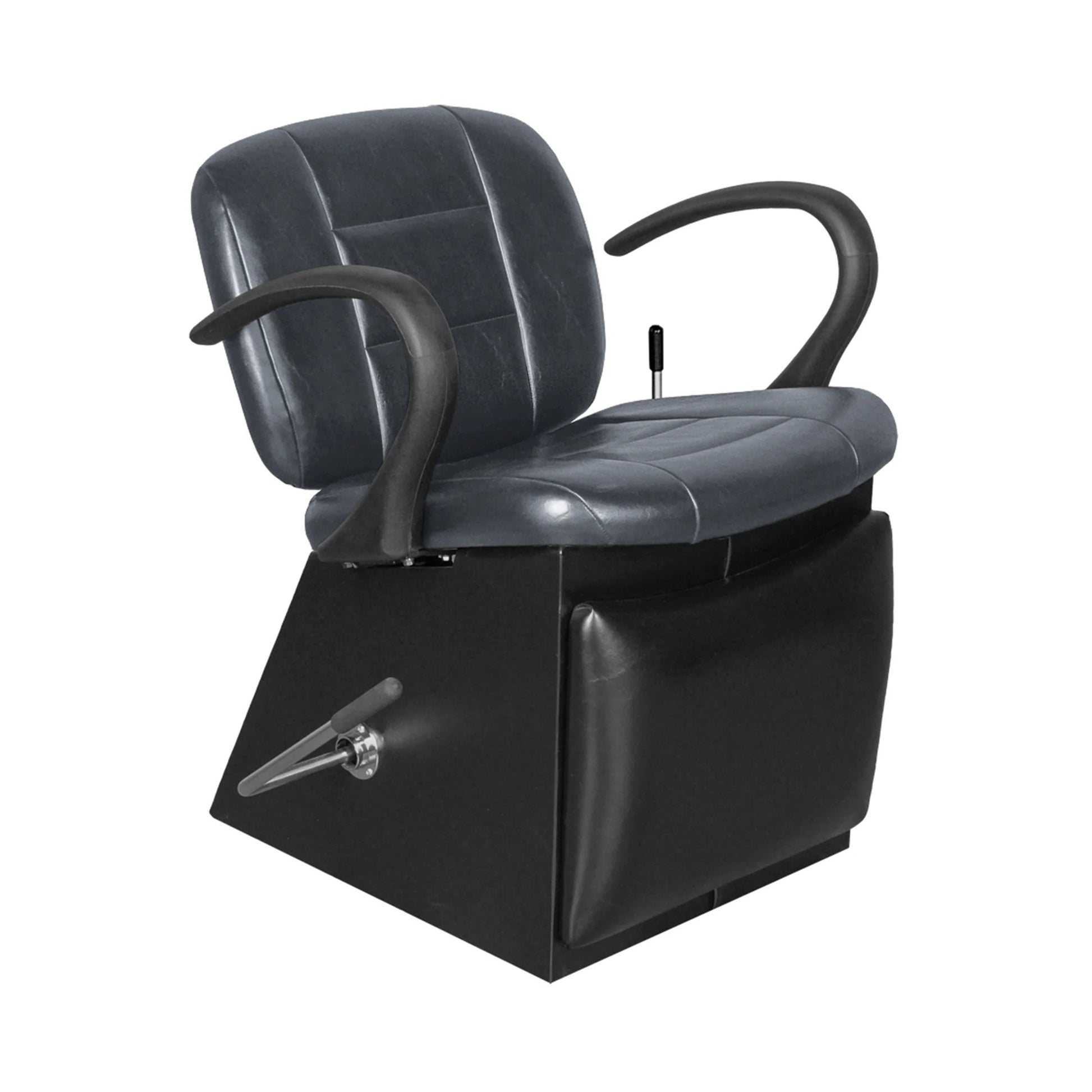 Collins Kelsey Shampoo Chair with cushioned black upholstery, reclining backrest, and extendable legrest for enhanced client comfort.