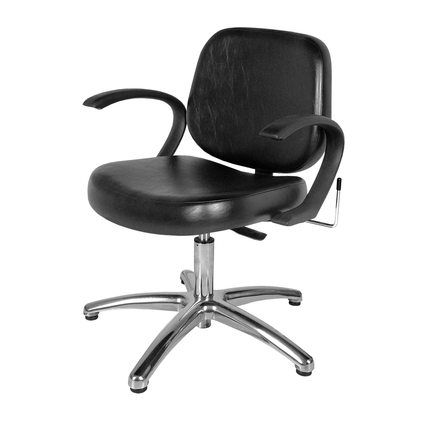 A black Collins Massey lever-control shampoo chair with a padded backrest and seat, featuring open urethane arms and a metal star base.