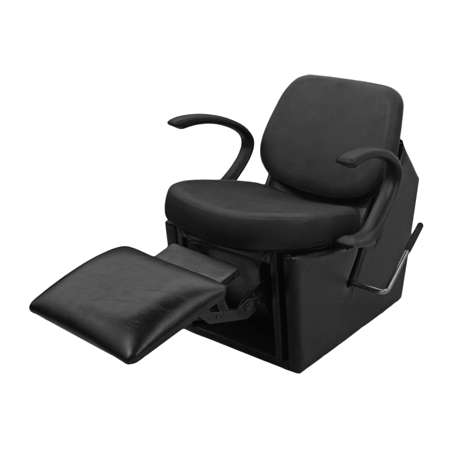 An electric shampoo chair in black color with padded cushion, open urethane arms, and a kick-out leg rest.