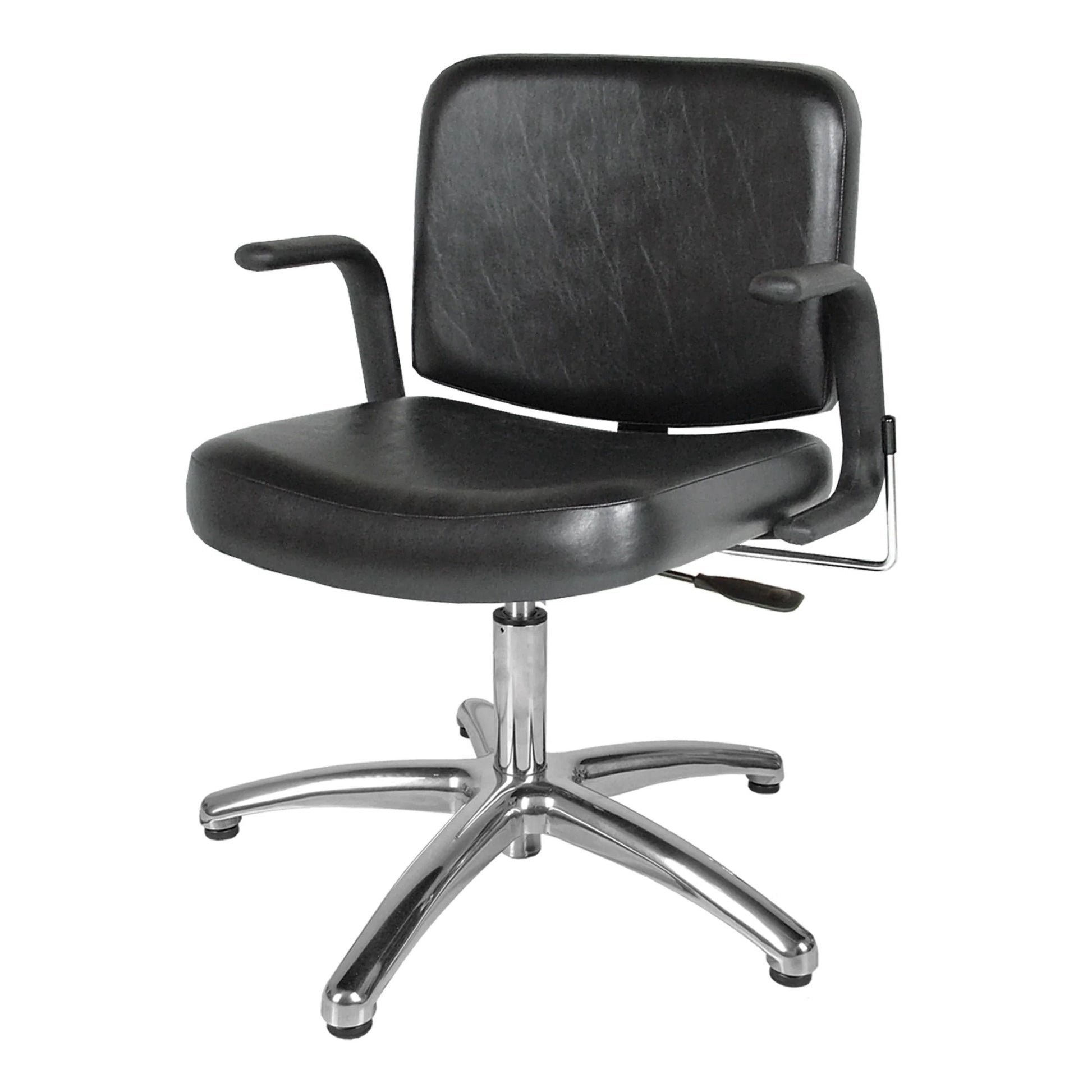 A black Monte Lever-Control Shampoo Chair with padded backrest and seat, featuring chrome-plated base and arms.