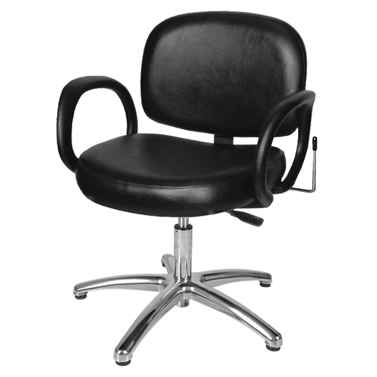 A black Collins Kiva Lever-Control Shampoo Chair with padded seat and back cushions, flared circular urethane arms, and a metal base with five legs.