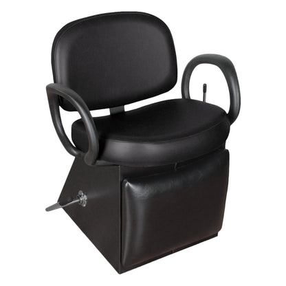 A black Collins Kiva Shampoo Chair with leg rest, featuring padded seat and back cushions, flared circular urethane arms, and a kick-out leg rest.