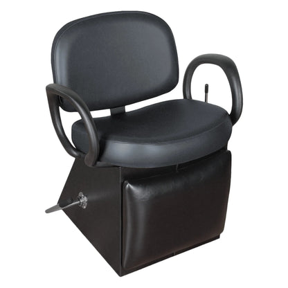 Kiva Shampoo Chair with black cushioned upholstery, reclining backrest, and extendable Legrest for enhanced client comfort.