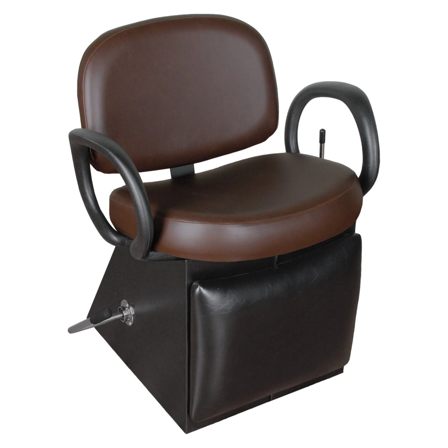 Side view of Kiva Shampoo Chair featuring padded armrests, ergonomic recline, and integrated Legrest for shampoo services.