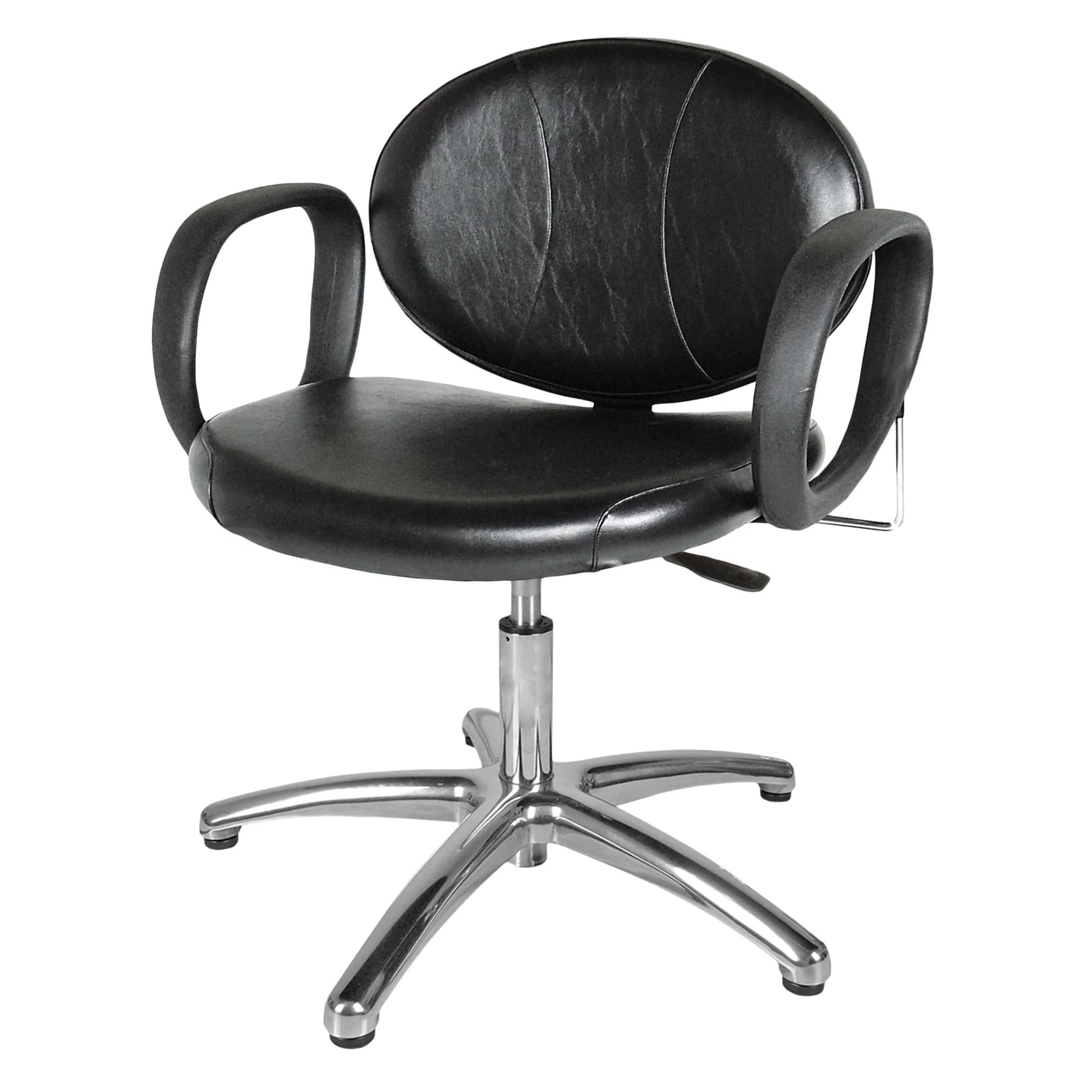 A black Berra Lever-Control Shampoo Chair with a oval back and sculpted seat, featuring a chrome base and hourglass stitching design.