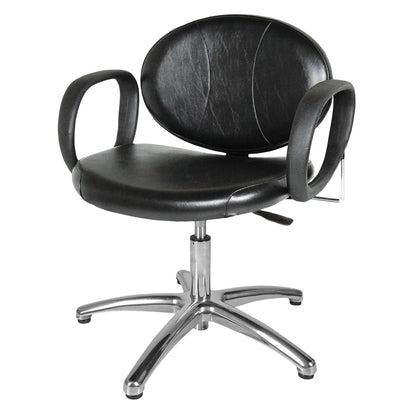 A black Berra Lever-Control Shampoo Chair with a oval back and sculpted seat, featuring a chrome base and hourglass stitching design.