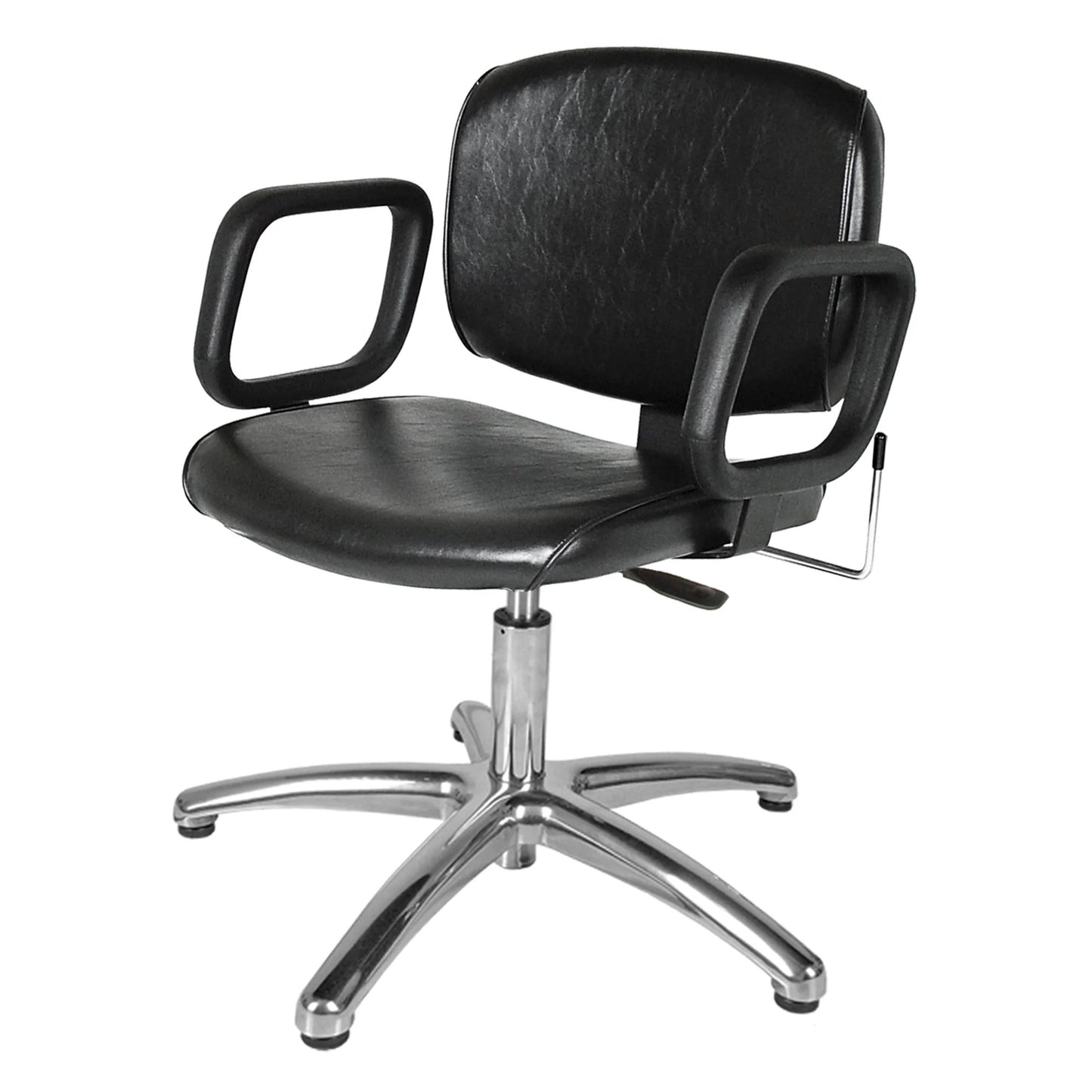 A black QSE lever-control shampoo chair with a contoured backrest, seat cushion, and molded urethane arms, mounted on a metal base with five legs.