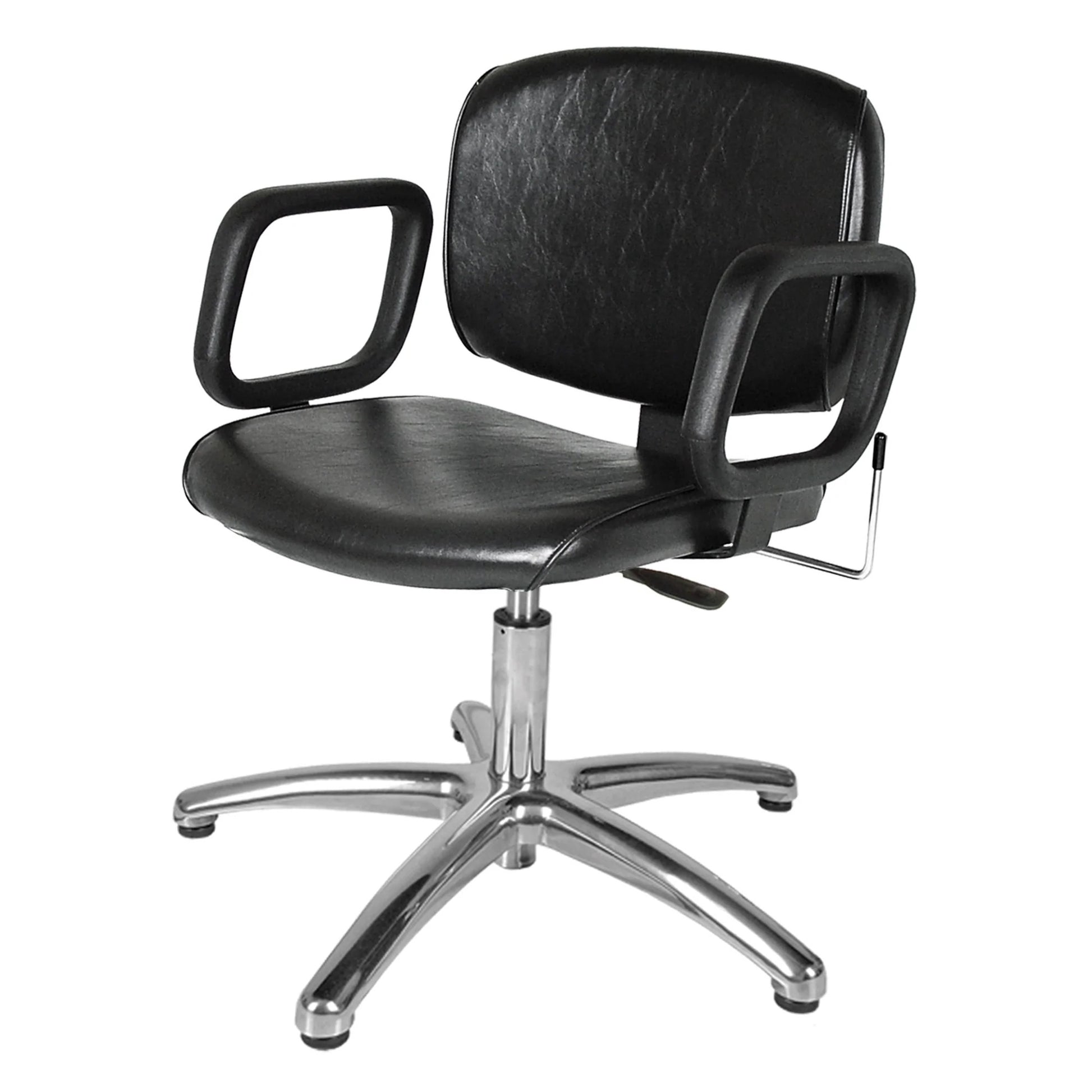 A black QSE lever-control shampoo chair with a contoured backrest, seat cushion, and molded urethane arms, mounted on a metal base with five legs.