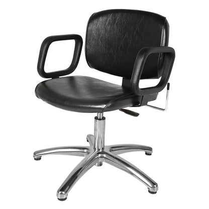 A black QSE lever-control shampoo chair with a contoured backrest, seat cushion, and molded urethane arms, mounted on a metal base with five legs.
