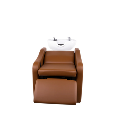 A brown Collins Nirvana Comfort Wash shampoo unit with an integrated leg rest and back adjustment, featuring a white shampoo bowl on top.