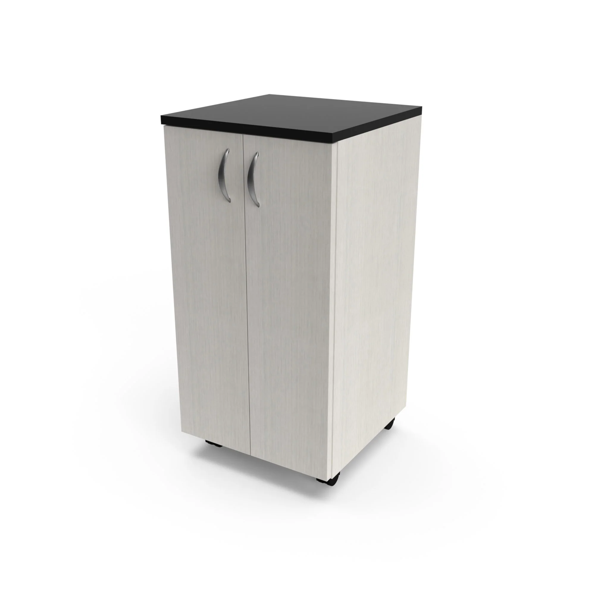A white portable storage cabinet with two doors and a black countertop.