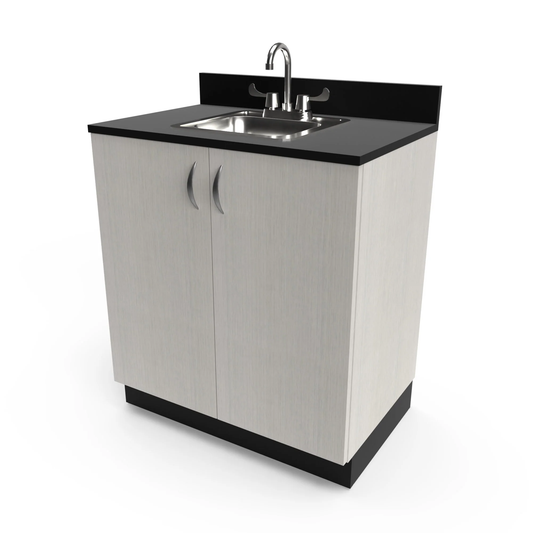 A white 32' sink cabinet with a stainless steel sink and black countertop.