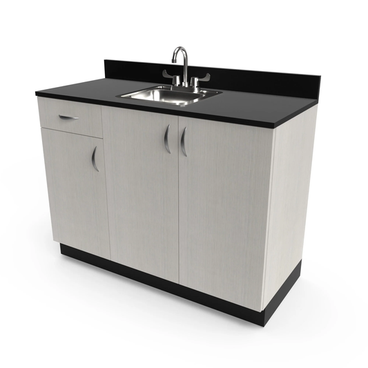 A 48 inches wide Collins Organizer sink cabinet with a stainless steel sink, three doors, one drawer, and adjustable shelves inside.