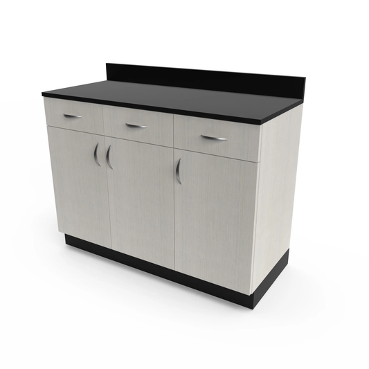 A 48-inch white base cabinet with three doors and a black countertop.