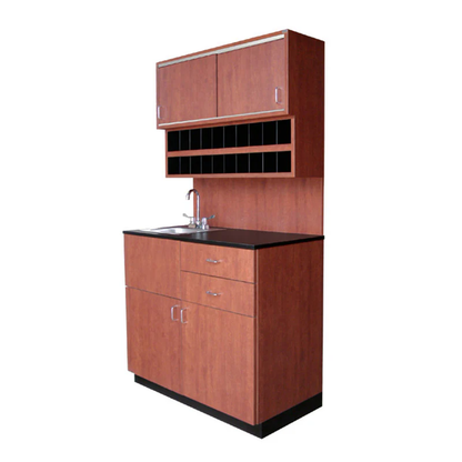 A professional beauty salon styling station with upper and lower cabinets, a sink, and faucet, finished in a brown color.