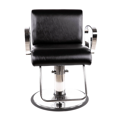 A black all-purpose chair with chrome arms and base, designed for salon use.