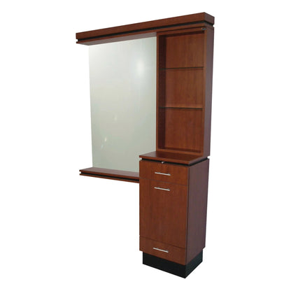 A Collins Neo Sears Tower Styling Station with a wooden finish, featuring a mirror, storage shelves, drawers, and a flat iron station.