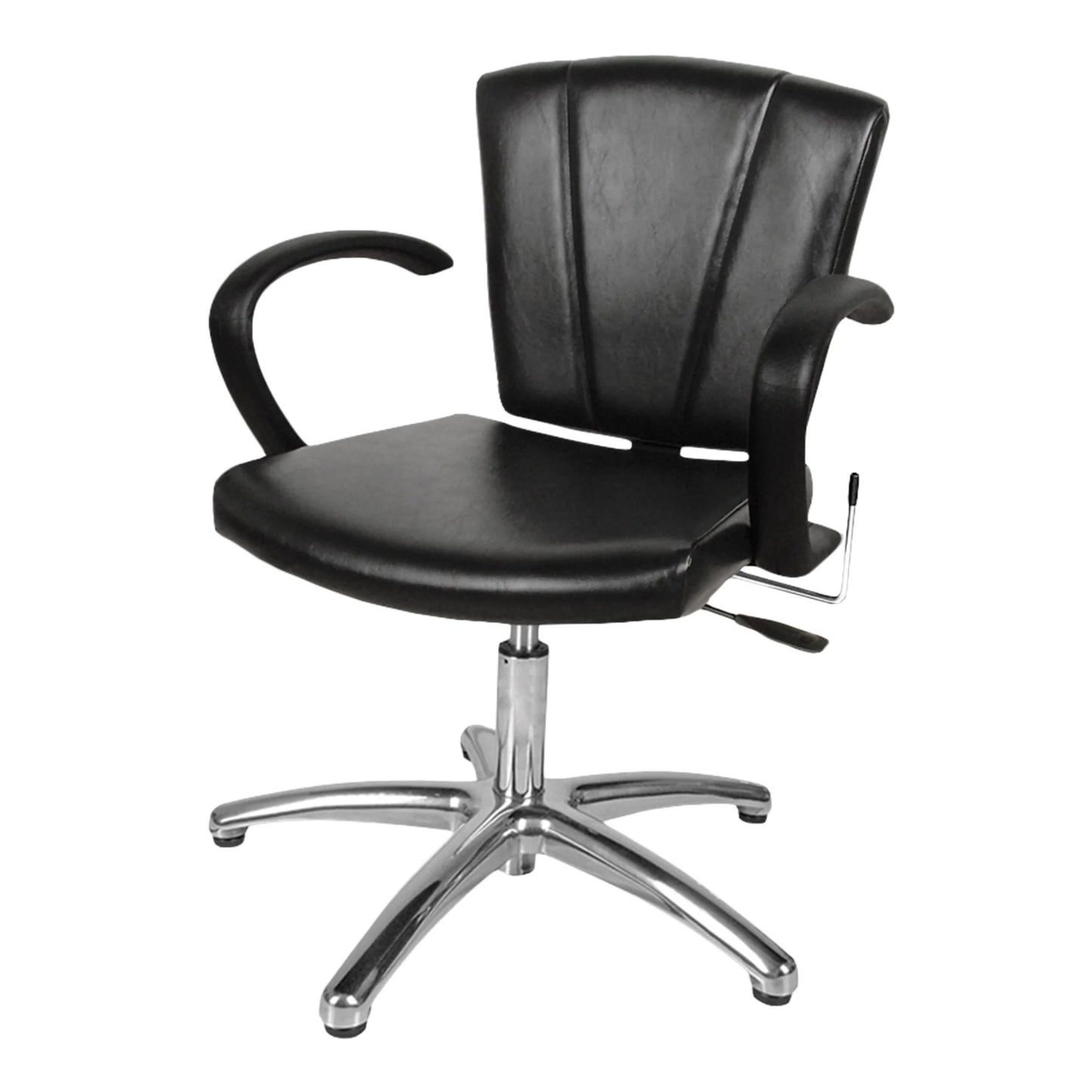 A black salon shampoo chair with a V-shaped backrest, urethane arms, and a lever control. The chair is mounted on a chrome base with a five-point star design.