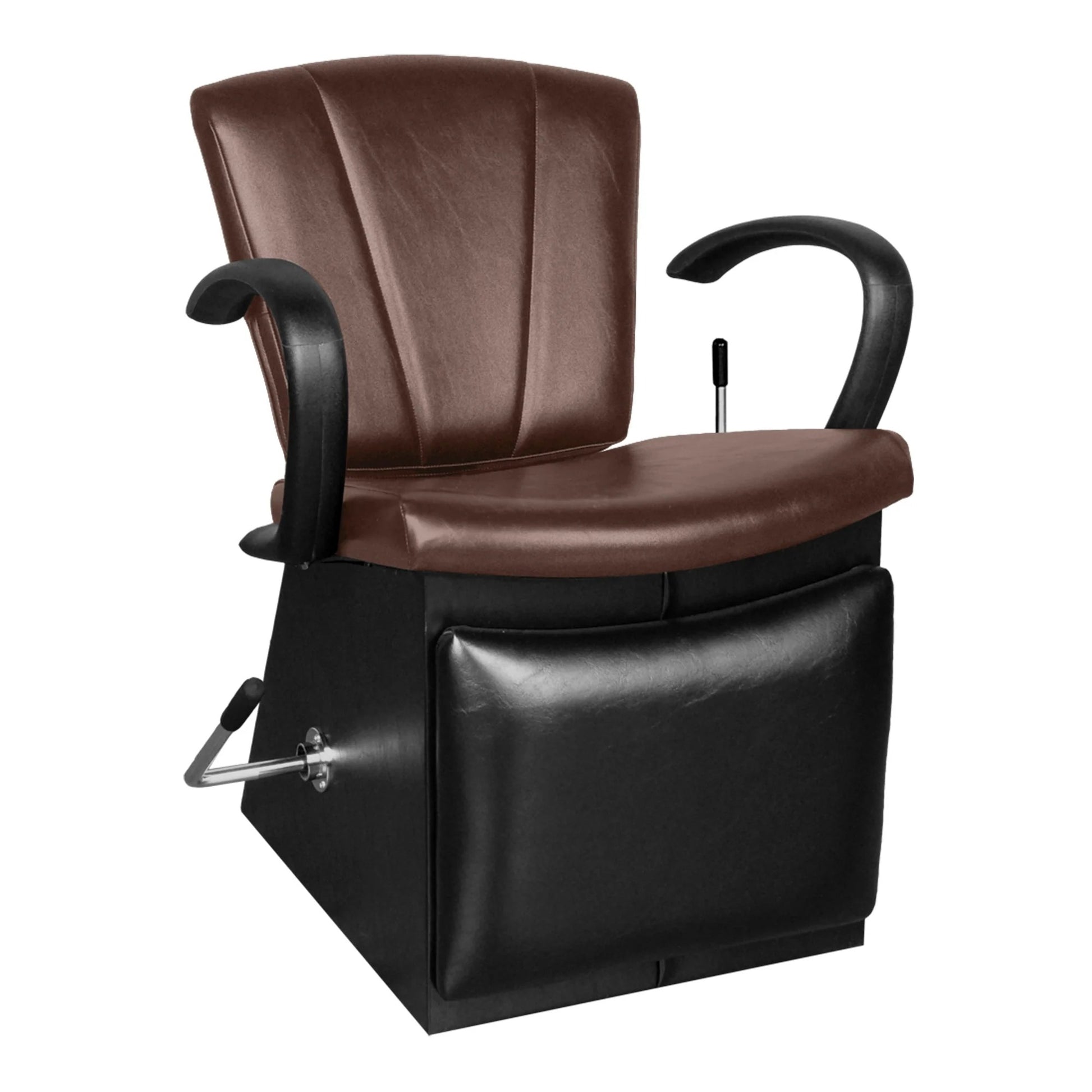 Side view of Collins Sean Patrick Shampoo Chair featuring padded armrests, smooth recline, and integrated leg rest for shampoo bowl use.