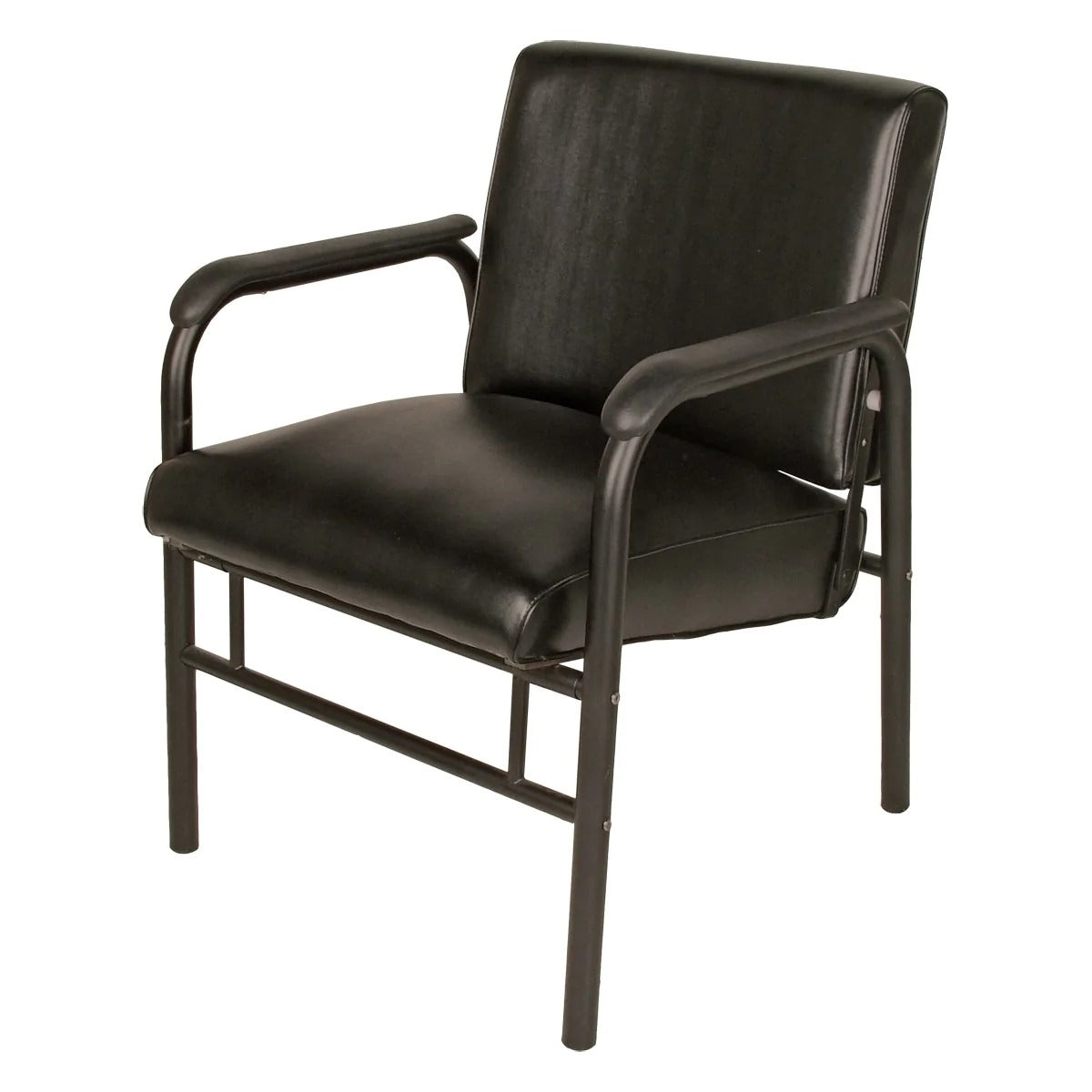 A black Collins Jeffco Automatic Shampoo Chair with a heavy-duty frame and thick cushions, designed to slide forward as the back of the chair is reclined.