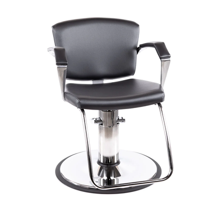 A black Collins Adarna Hydraulic Styling Chair with silver castings, featuring a curved backrest and distinctive arms.