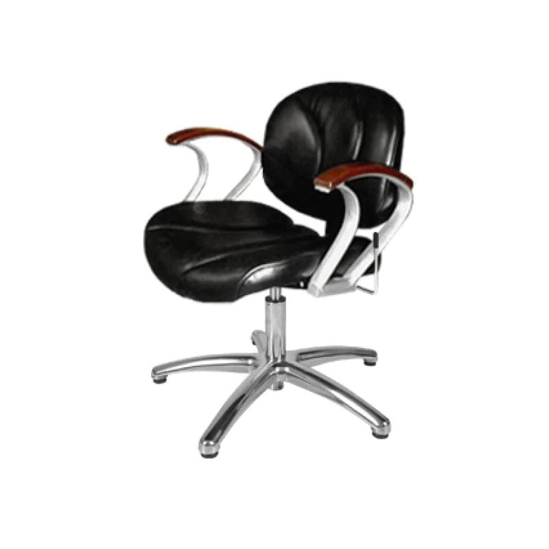 A modern design Belize lever-control shampoo chair with a black padded seat, curved backrest, and silver metallic base with casters.