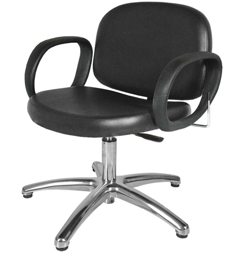 A black Collins Jeffco Contour Shampoo Chair with padded seat and backrest, urethane arms, and a metallic pedestal base.