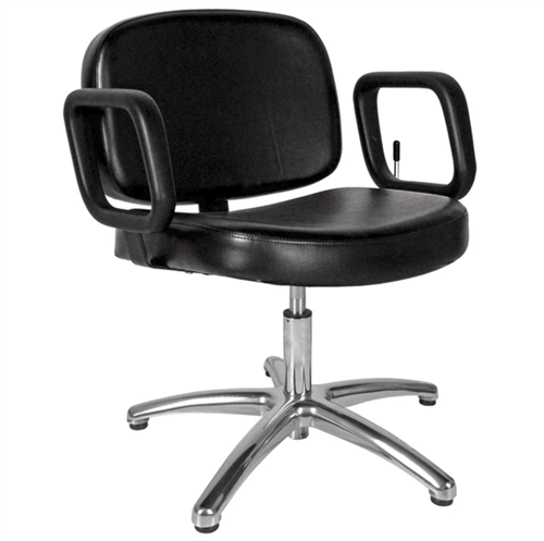 Black shampoo chair with padded seat and backrest, adjustable height, and a five-point star base.