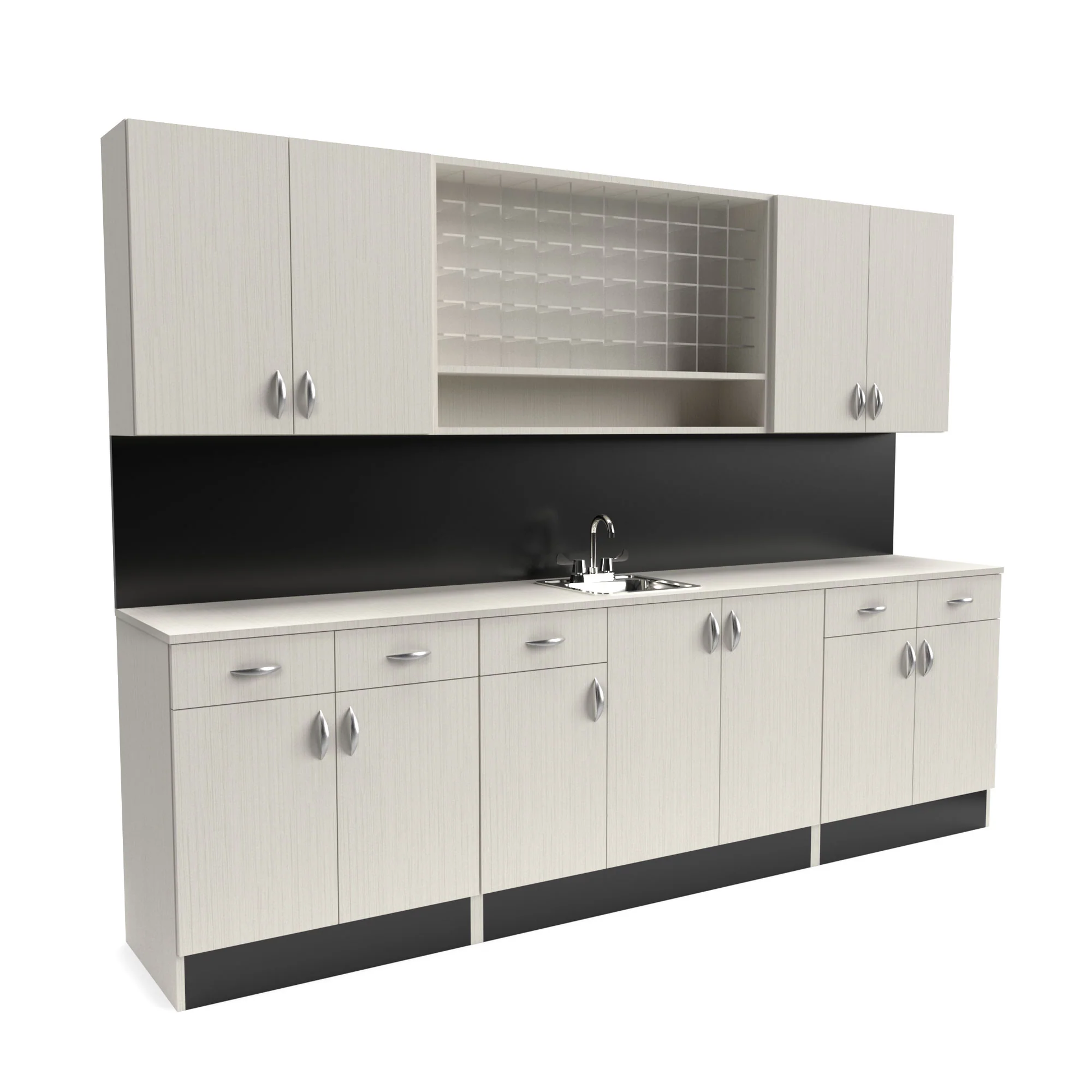 A set of professional beauty salon organizer cabinets in white and beige colors, featuring multiple doors and shelves, with a black backsplash.