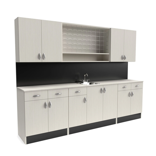 A set of professional beauty salon organizer cabinets in white and beige colors, featuring multiple doors and shelves, with a black backsplash.