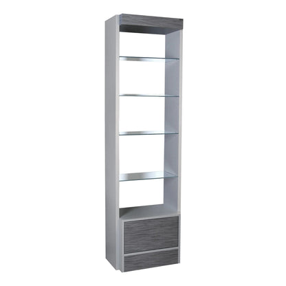 A tall grey Edge Retail display case with four glass shelves and a storage drawer.