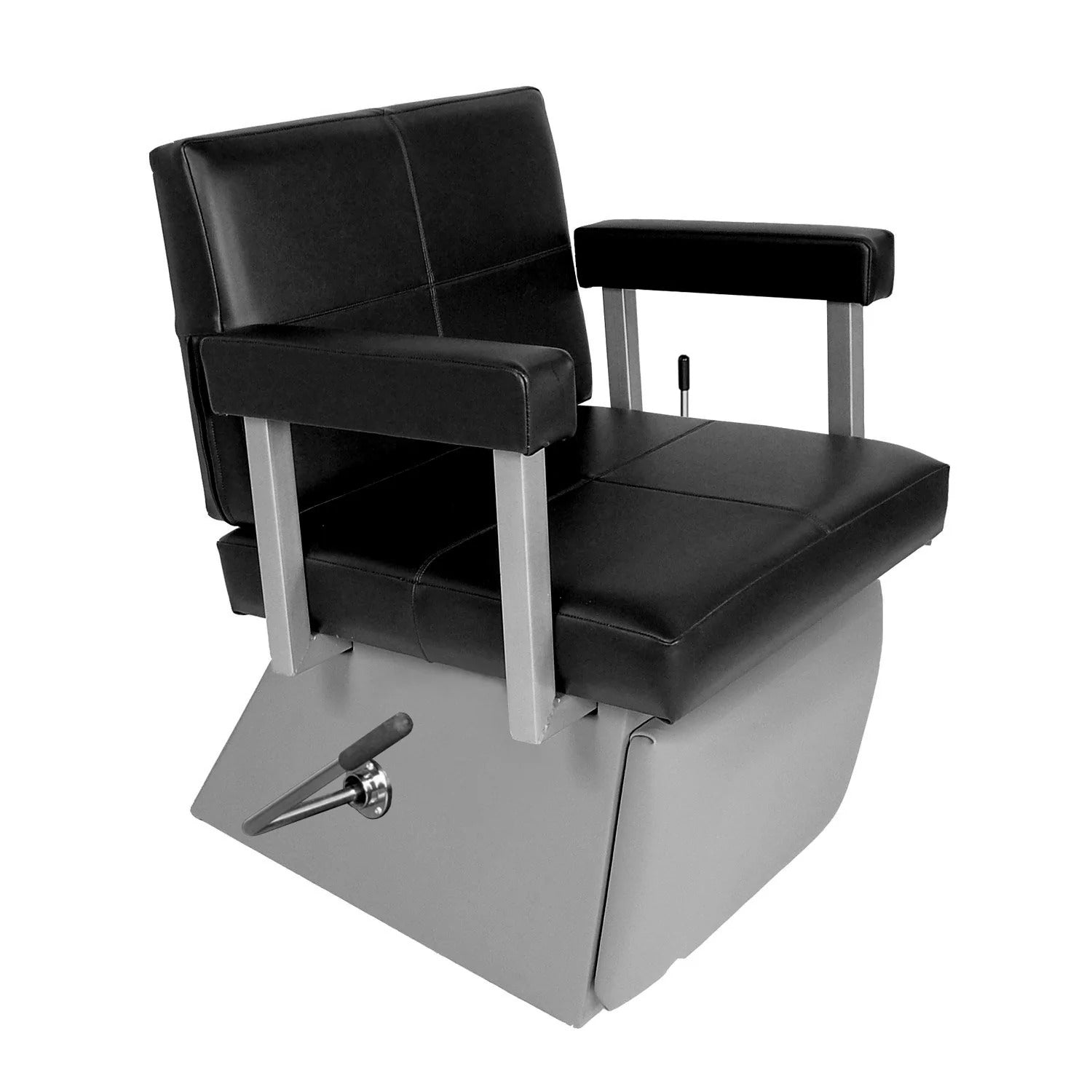 A modern style shampoo chair with a square seat, back cushioning, tubular steel arms, and a kick-out leg rest.