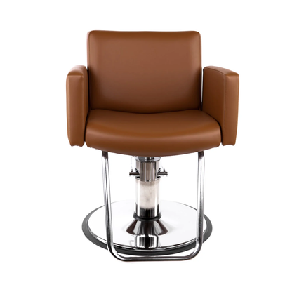 A brown Collins Cigno Hydraulic Styling Chair with a chrome base and heavy padding, designed for comfort and style in a salon setting.