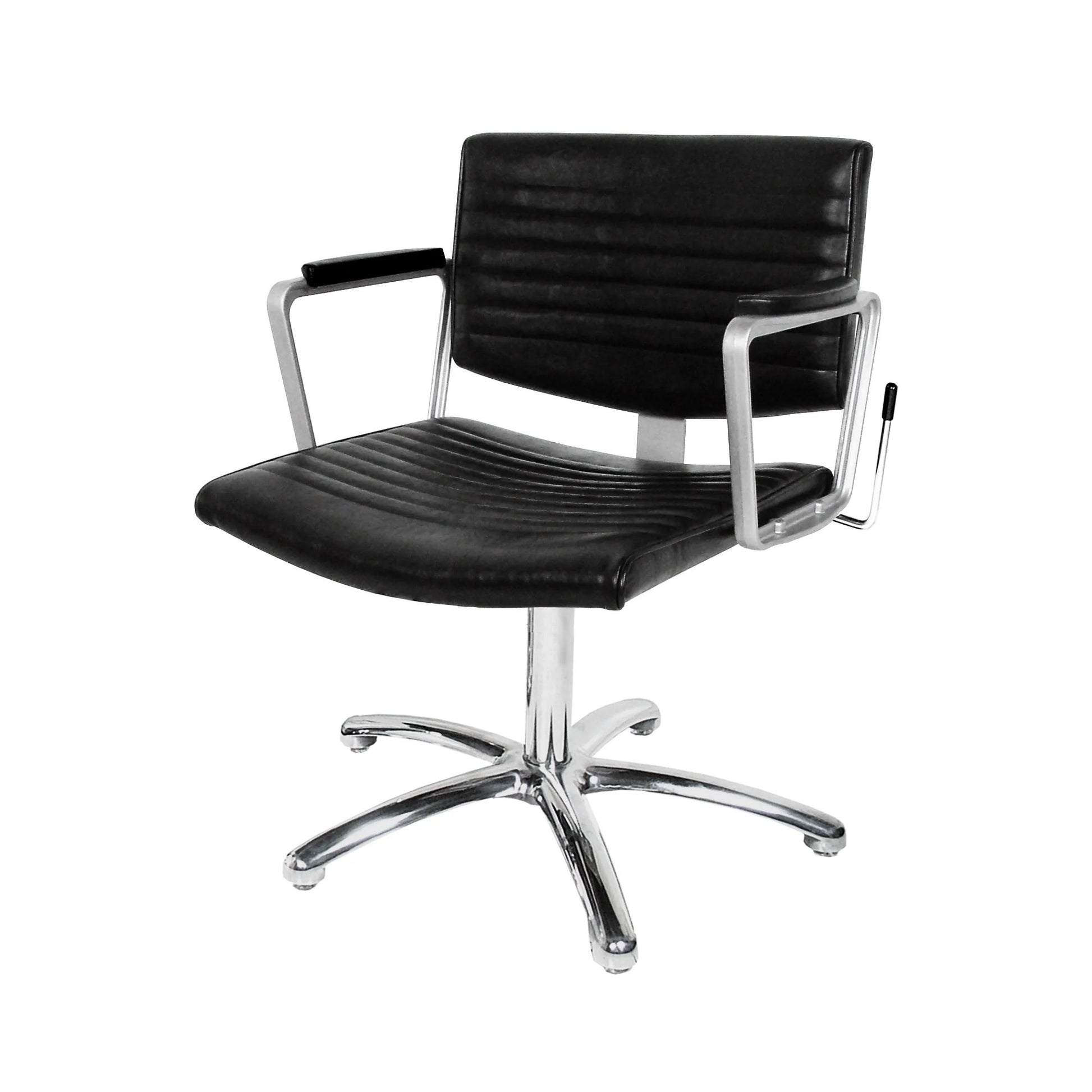 A black salon shampoo chair with lever control, featuring solid cast-aluminum arms and a cast-aluminum footrest with powder coated steel supports.