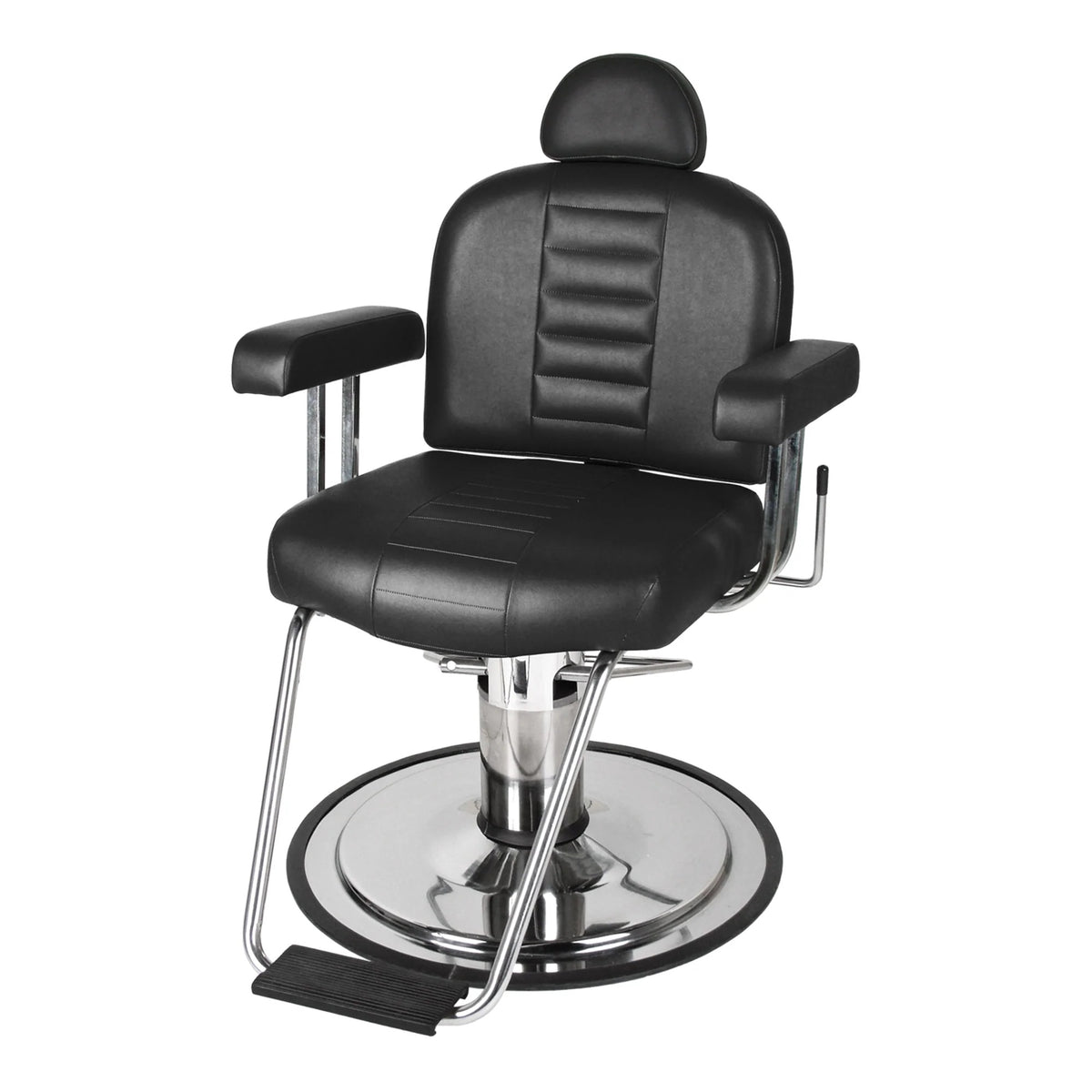 A black Collins Charger Barber Chair with a hydraulic base and padded armrests, designed to resemble a classic Dodge car.