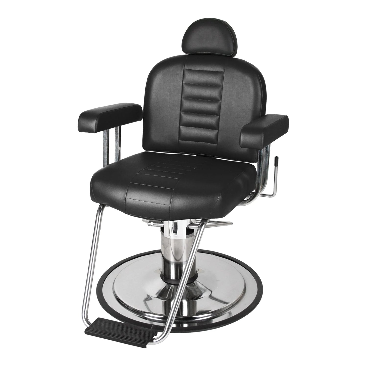 A black Collins Charger Barber Chair with a hydraulic base and padded armrests, designed to resemble a classic Dodge car.