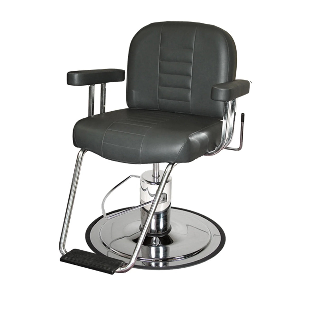 Collins CHARGER Barber Chair with thick black upholstery, adjustable headrest, and heavy-duty hydraulic base designed for barbershop services.