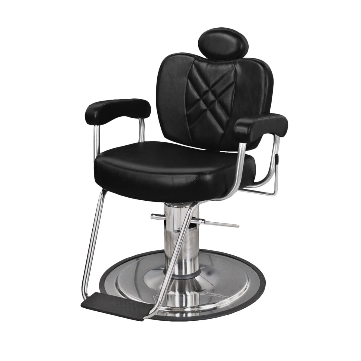A black Metro Barber Chair with a thick seat cushion, armrests, and a hydraulic base.