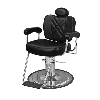 A black Metro Barber Chair with a thick seat cushion, armrests, and a hydraulic base.