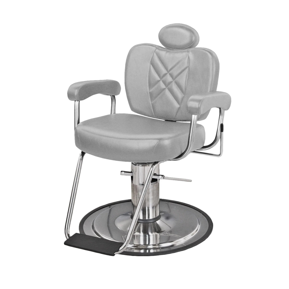 Side view of Collins METRO Barber Chair showing adjustable headrest, padded armrests, and reclining backrest.