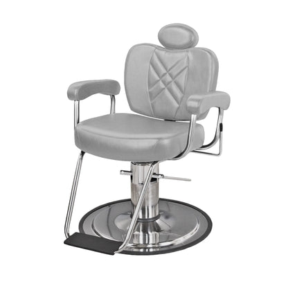 Side view of Collins METRO Barber Chair showing adjustable headrest, padded armrests, and reclining backrest.