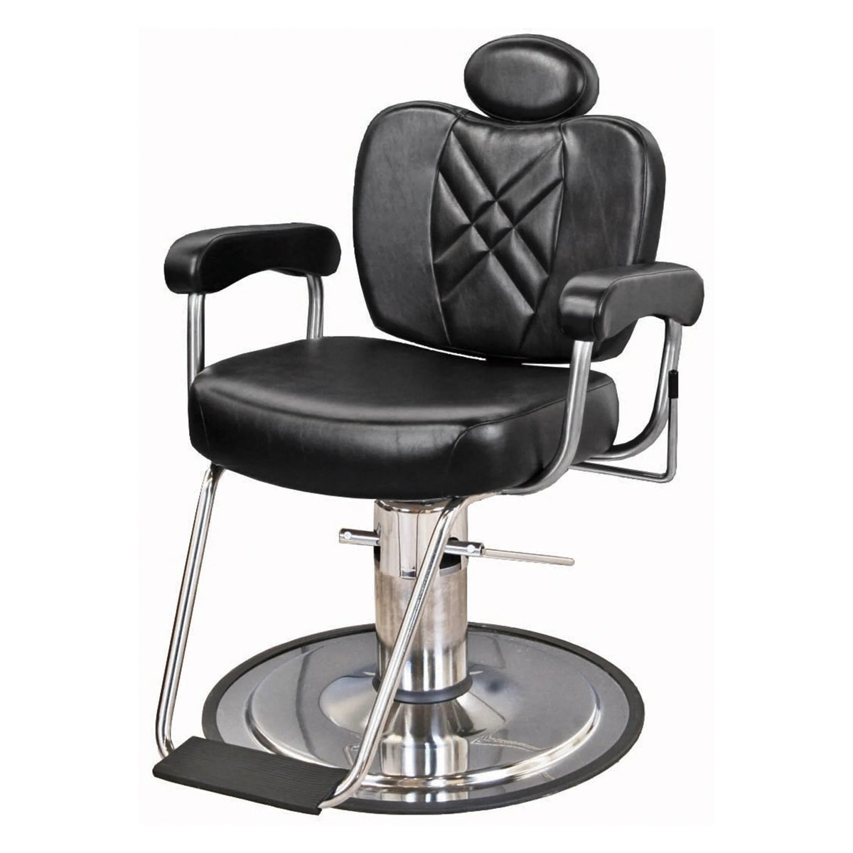 Front-facing Collins METRO Barber Chair featuring classic barber design, footrest, and durable construction.