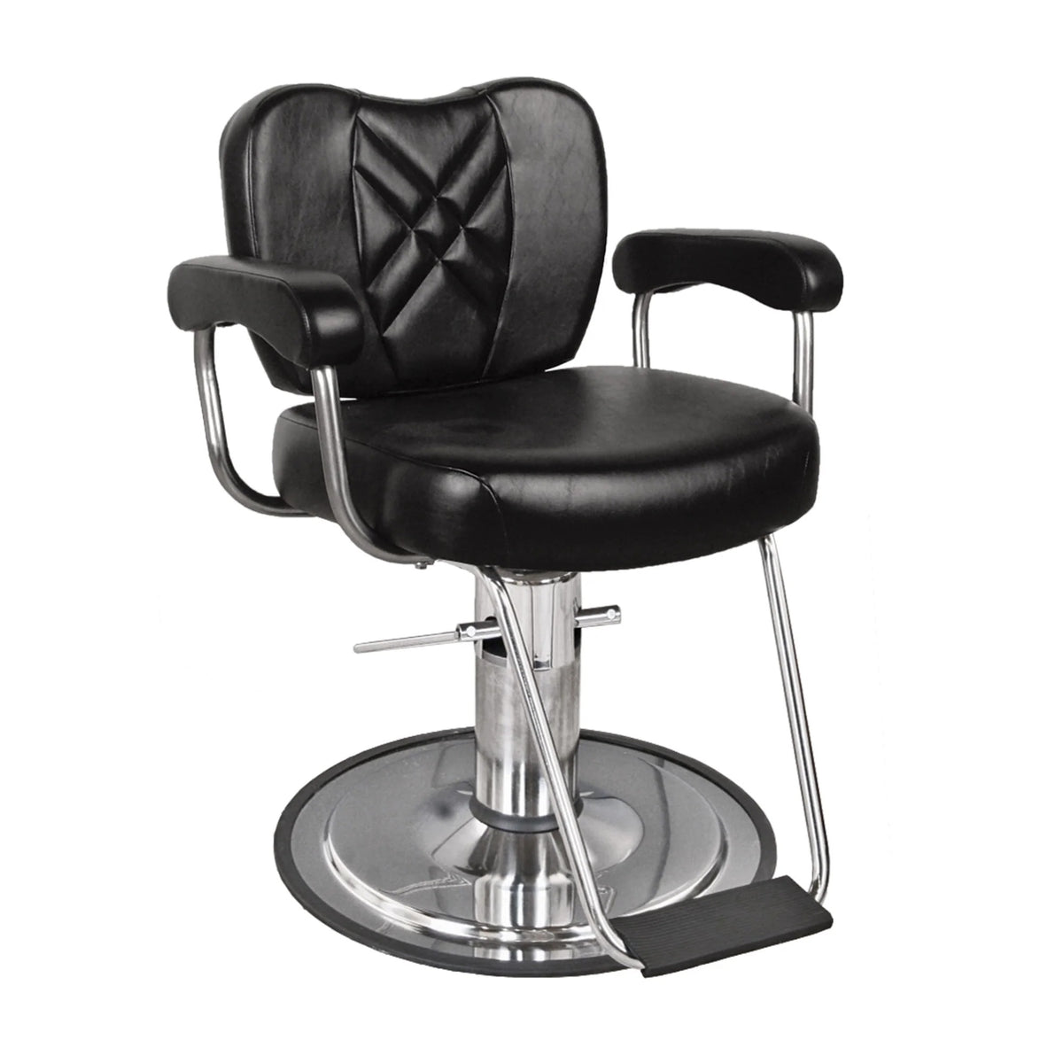 Collins METRO Barber Chair in full-service setup, highlighting its sturdy build, comfort padding, and traditional barber style.